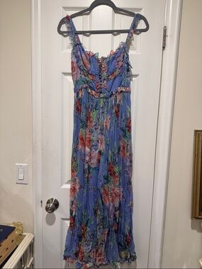 Silk Zimmerman Floral Blue Maxi jumpsuit Dress with Ruffle Trim